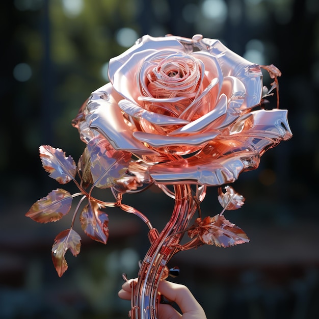 someone holding a rose with a stem and leaves in it generative ai