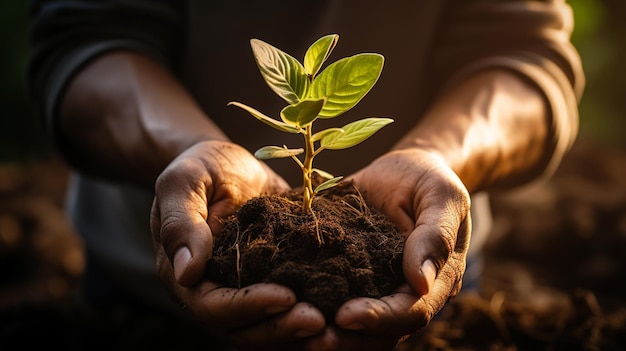 誰かが手に小さな植物を握って 汚れを生み出している