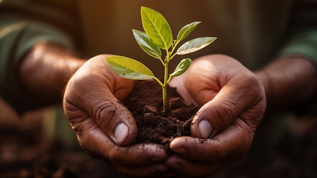 someone holding a small plant in their hands in the dirt generative ai