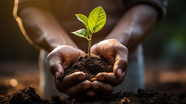 someone holding a small plant in their hands in the dirt generative ai