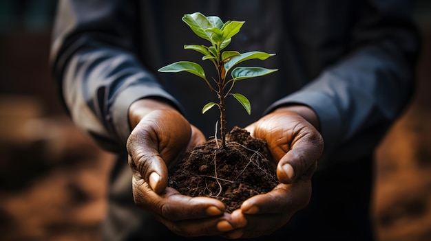 someone holding a small plant in their hands with dirt on it Generative AI