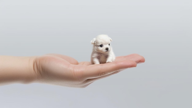 작은 흰색 강아지를 손에 들고 있는 사람 생성 AI