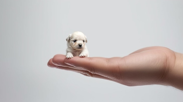 Someone holding a small white puppy in their hand generative ai