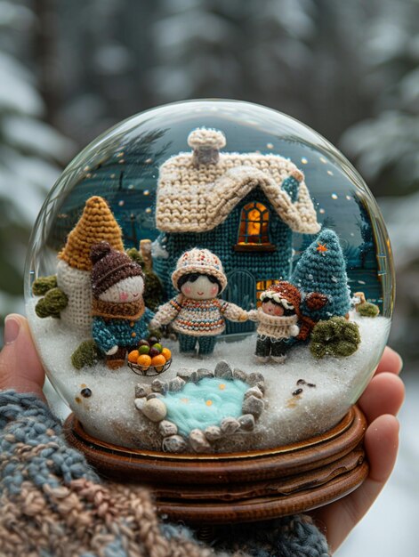 Foto qualcuno che tiene un globo di neve con una piccola casa e persone all'interno generativo ai