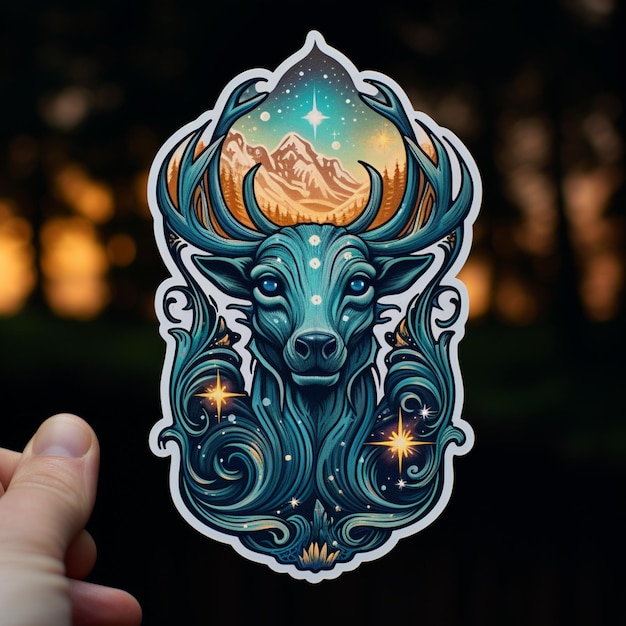 Someone holding a sticker with a deer head and a mountain in the background generative ai