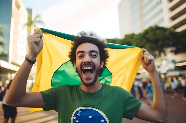 写真 ブラジルの国旗を持っている人