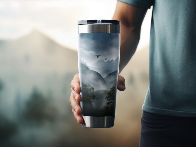Someone holding a travel mug with a picture of a mountain range generative ai