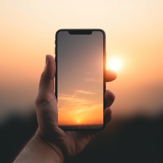 someone holding up a phone with a sunset in the background generative ai