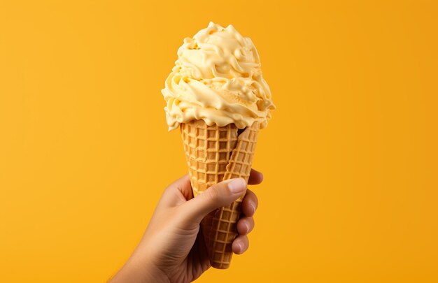 Someone holding a waffle cone with a yellow background generative ai