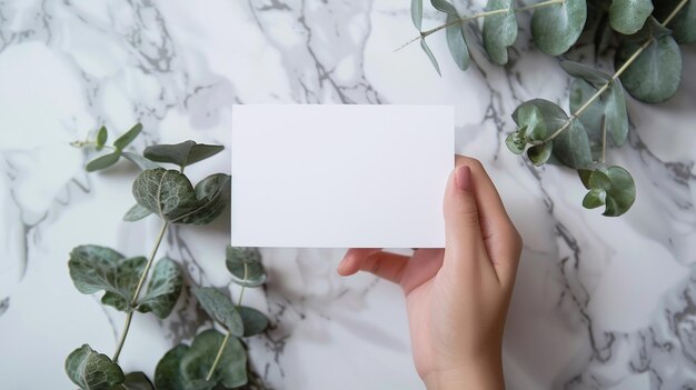 someone holding a white card in their hand on a marble table generative ai