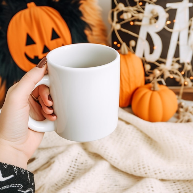 Someone holding a white coffee mug in front of a pumpkin generative ai