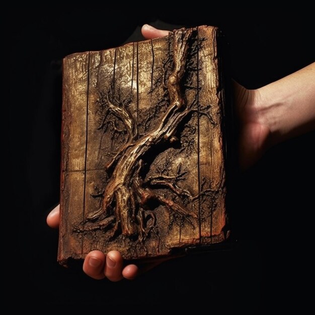 Photo someone holding a wooden plaque with a tree on it generative ai