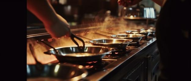 someone is cooking in a kitchen with a lot of pots on the stove generative ai