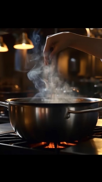 someone is cooking a pot on a stove with a lot of smoke generative ai