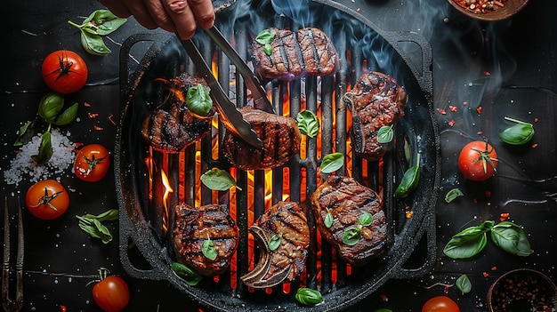 someone is cooking steaks on a grill with a spatula generative ai