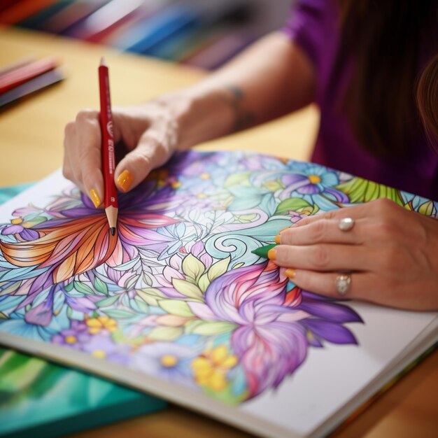 Photo someone is drawing a colorful flower with a red pencil generative ai