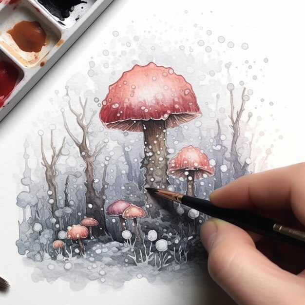 Foto qualcuno sta disegnando un fungo in un campo con acquerelli generativi ai