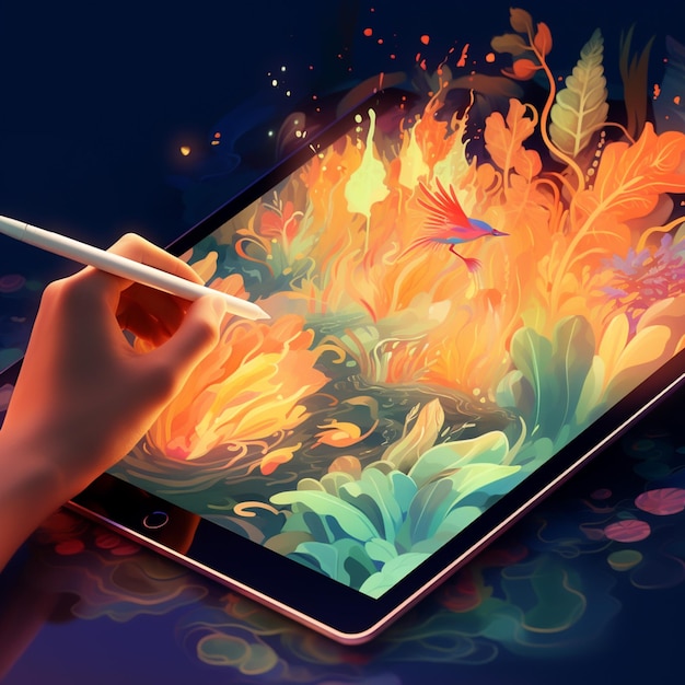 Foto qualcuno sta disegnando su un tablet con una matita e un'intelligenza artificiale generativa con motivi floreali