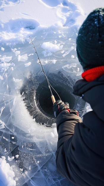 Photo someone is fishing in a hole of ice with a fishing rod