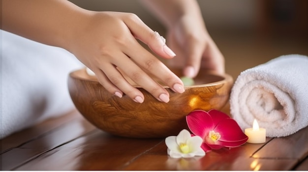 Someone is getting their nails done at a spa with candles and flowers generative ai