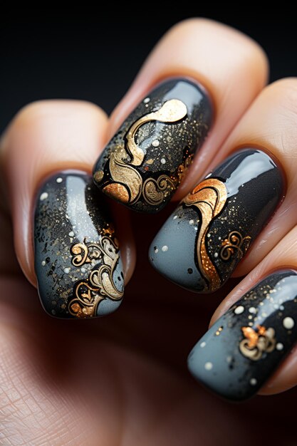 Photo someone is holding a black and gold manicure with a gold design generative ai