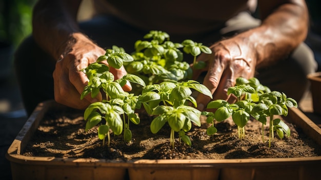 誰かがいくつかの植物が入った箱を持っています。生成 AI