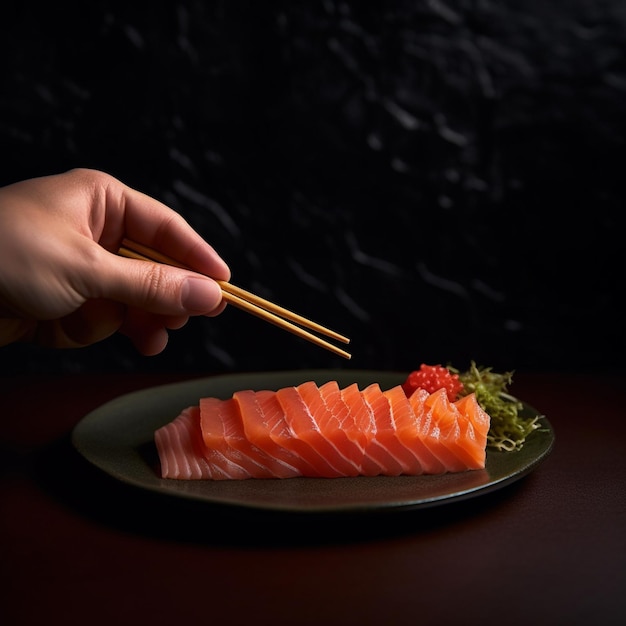 someone is holding chopsticks over a plate of salmon generative ai