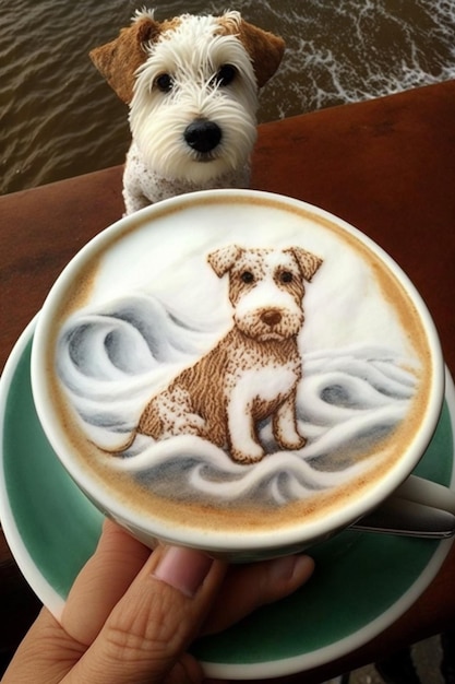 Someone is holding a cup of coffee with a dog on it generative ai