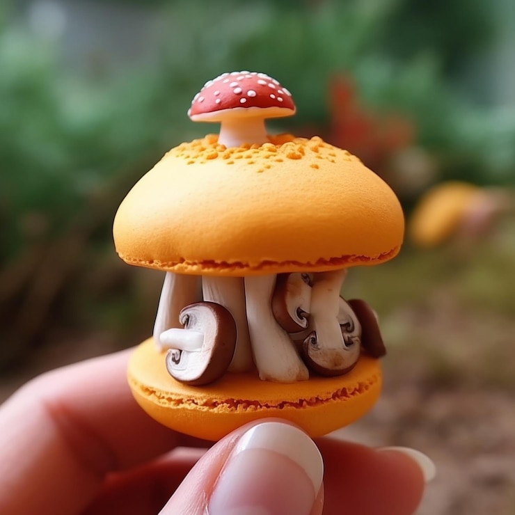 Photo someone is holding a small mushroom sandwich with mushrooms on it generative ai