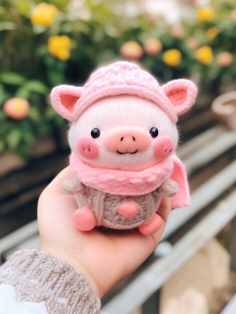 someone is holding a small stuffed pig in a pink hat and scarf generative ai