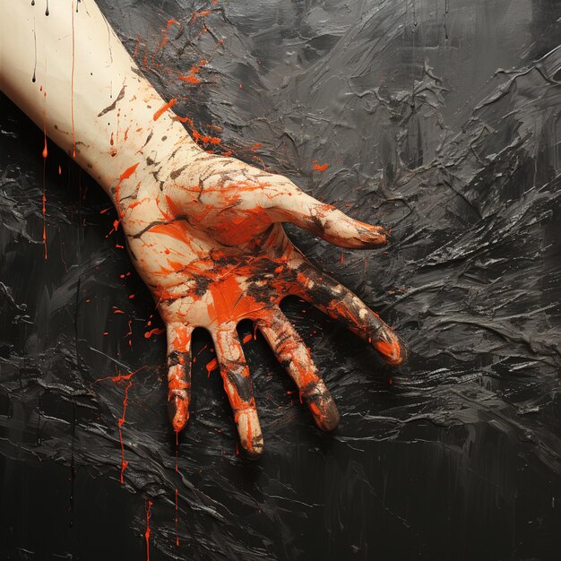 someone is holding their hand with blood on it and a black background generative ai