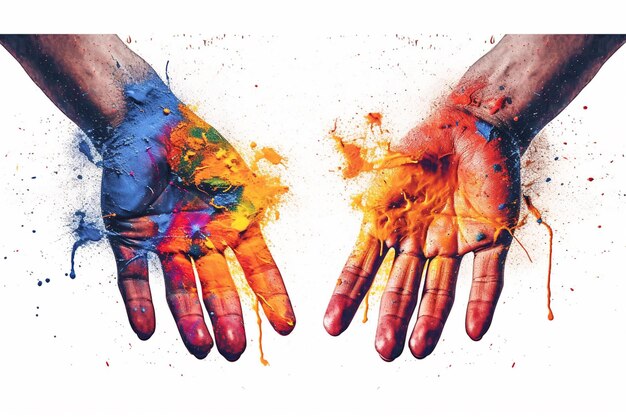 Photo someone is holding their hands painted with colorful paint and splats generative ai