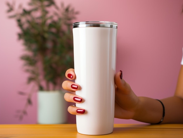 someone is holding a white cup with a red nail polish generative ai