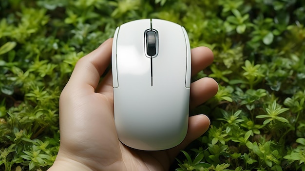 someone is holding a white mouse in their hand in a field Generative AI