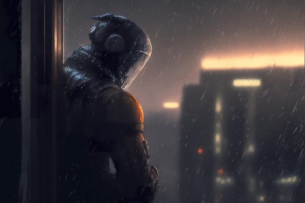 Someone is looking at a rainy night city Scifi digital art