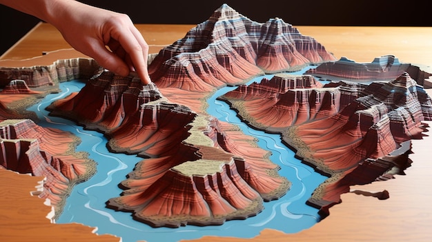 사진 누군가 강을 가진 산의 모델을 만들고 있습니다.
