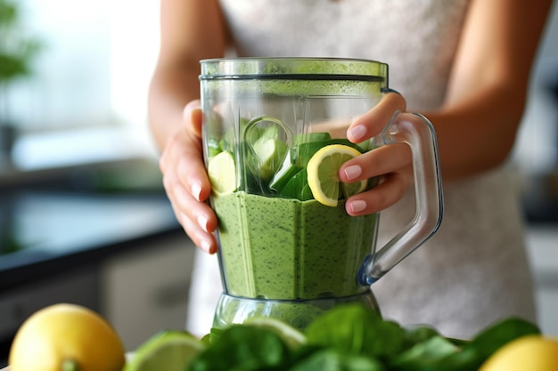 Someone is making a green smoothie in a blender with lemons generative ai