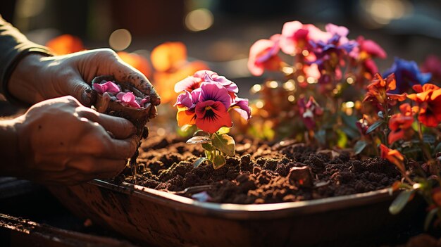 Photo someone is planting a flower in a pot with dirt generative ai