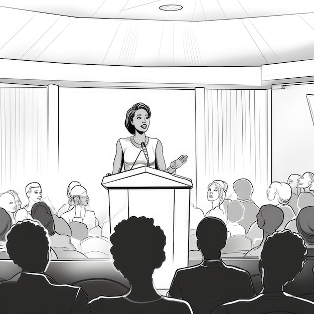 Someone is speaking in front of an audience black and white illustration AI generated Image