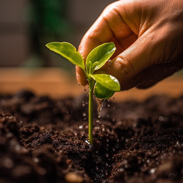 Someone is sprouting a plant in the dirt with a hand generative ai