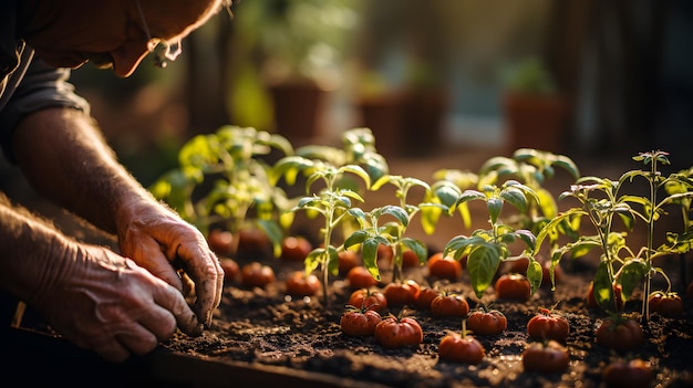 写真 誰かがトマトや他の植物の庭の手入れをしている 生成 ai