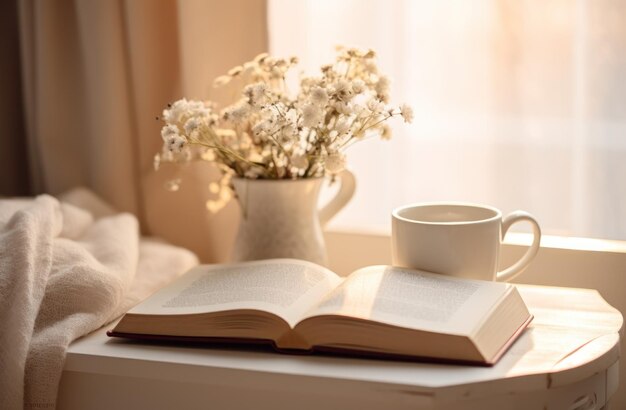 someone is at their desk with books and a mug of coffee