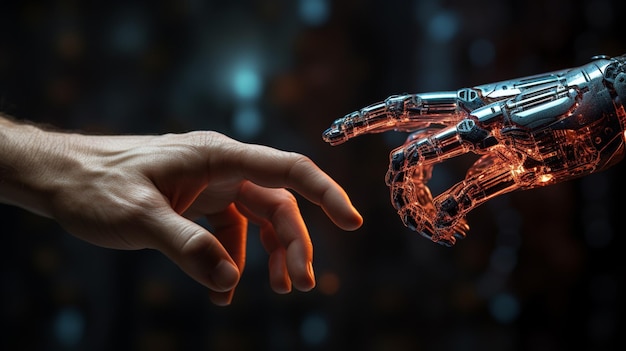 someone is touching a robot hand with a glowing finger generative ai