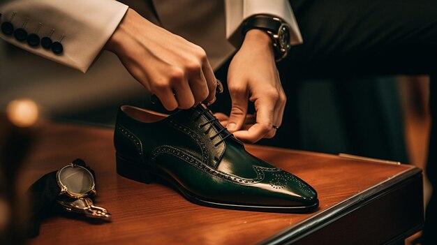 Photo someone is tying up a pair of shoes on a table generative ai