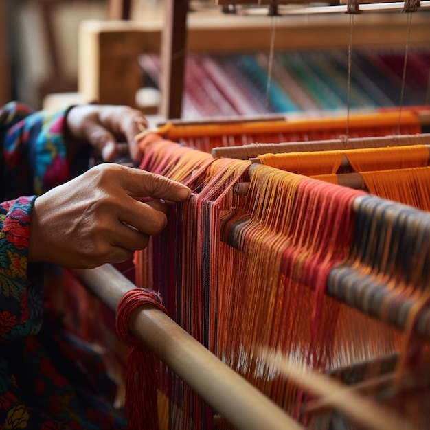 Someone is weaving a colorful cloth on a loom in a room generative ai