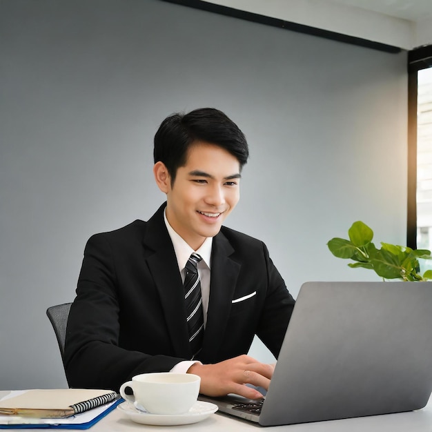 someone is working in front of a laptop in a black suit