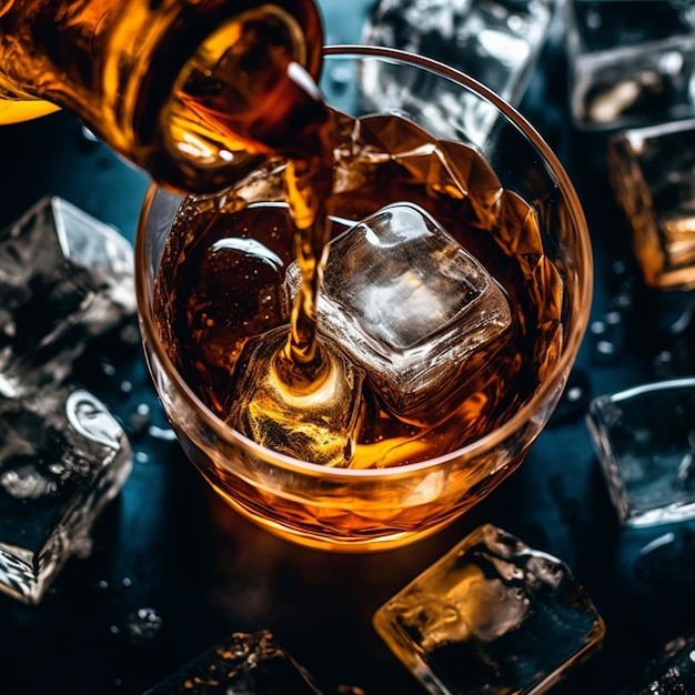 Someone pouring a glass of whiskey into ice cubes generative ai