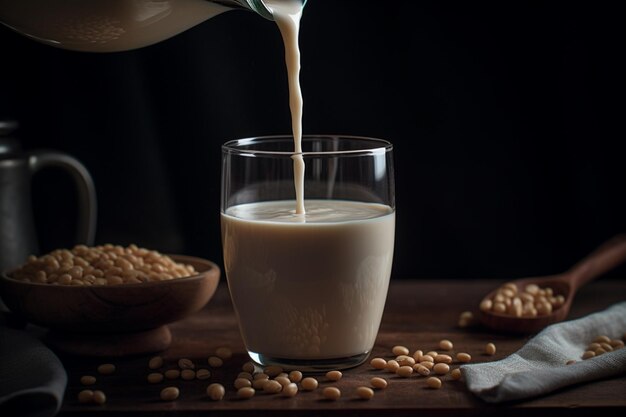 Foto qualcuno che versa il latte in un bicchiere di latte di soia su un tavolo generativo ai