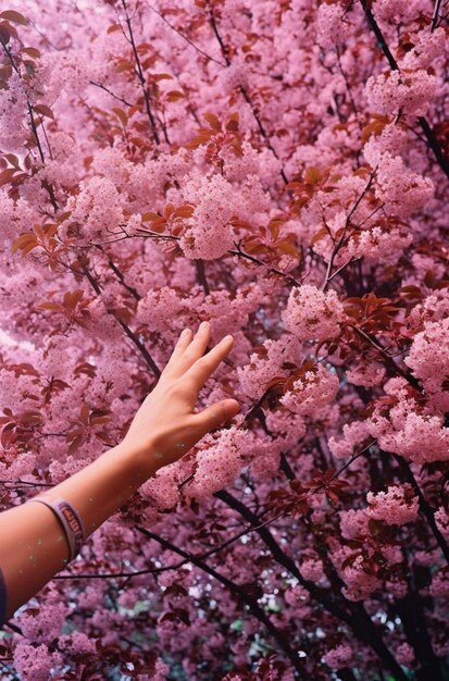 Foto qualcuno che si alza per toccare un albero rosa con fiori rosa generativo ai