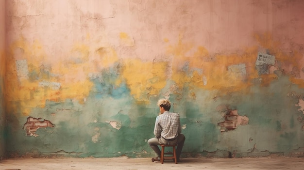 Someone sitting and watching a wall which has recently been painted and looking very bored and impatient Generative AI